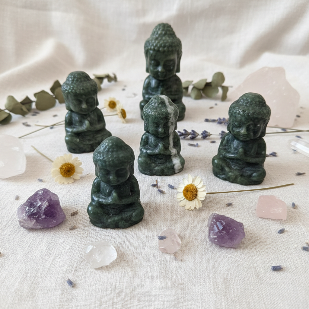 Buddha Giada Verde Xiuan - composizione con fiori e cristalli