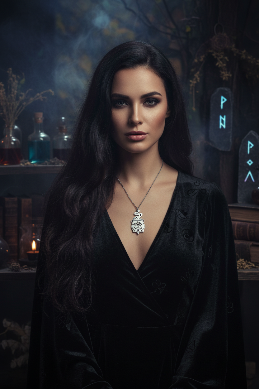 Collana Calderone Magico indossata - editorial fashion stregoneria