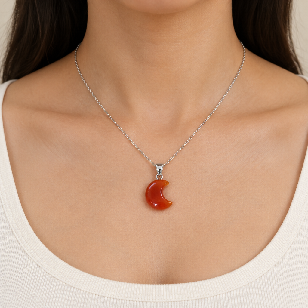 Collana Luna in corniola indossata con catenina in acciaio inox