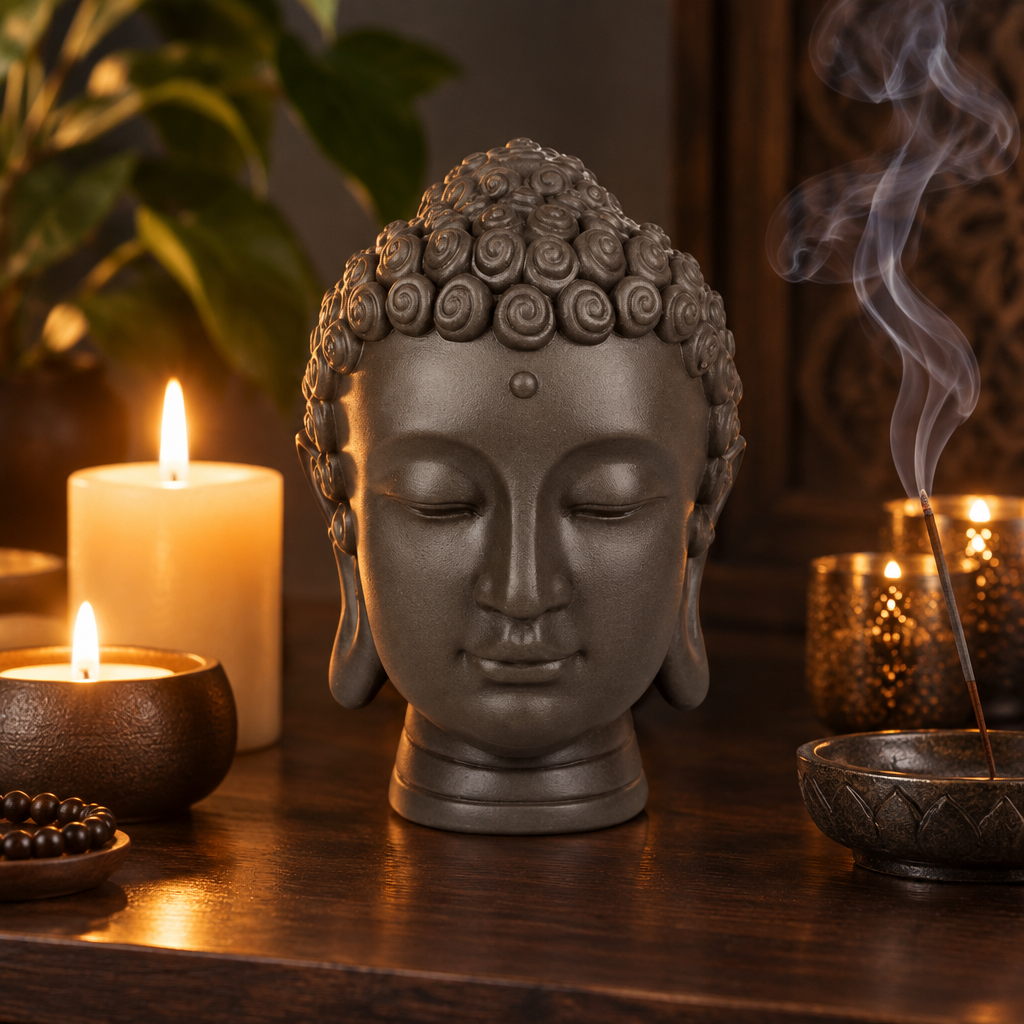 Testa di Buddha con candele e incenso