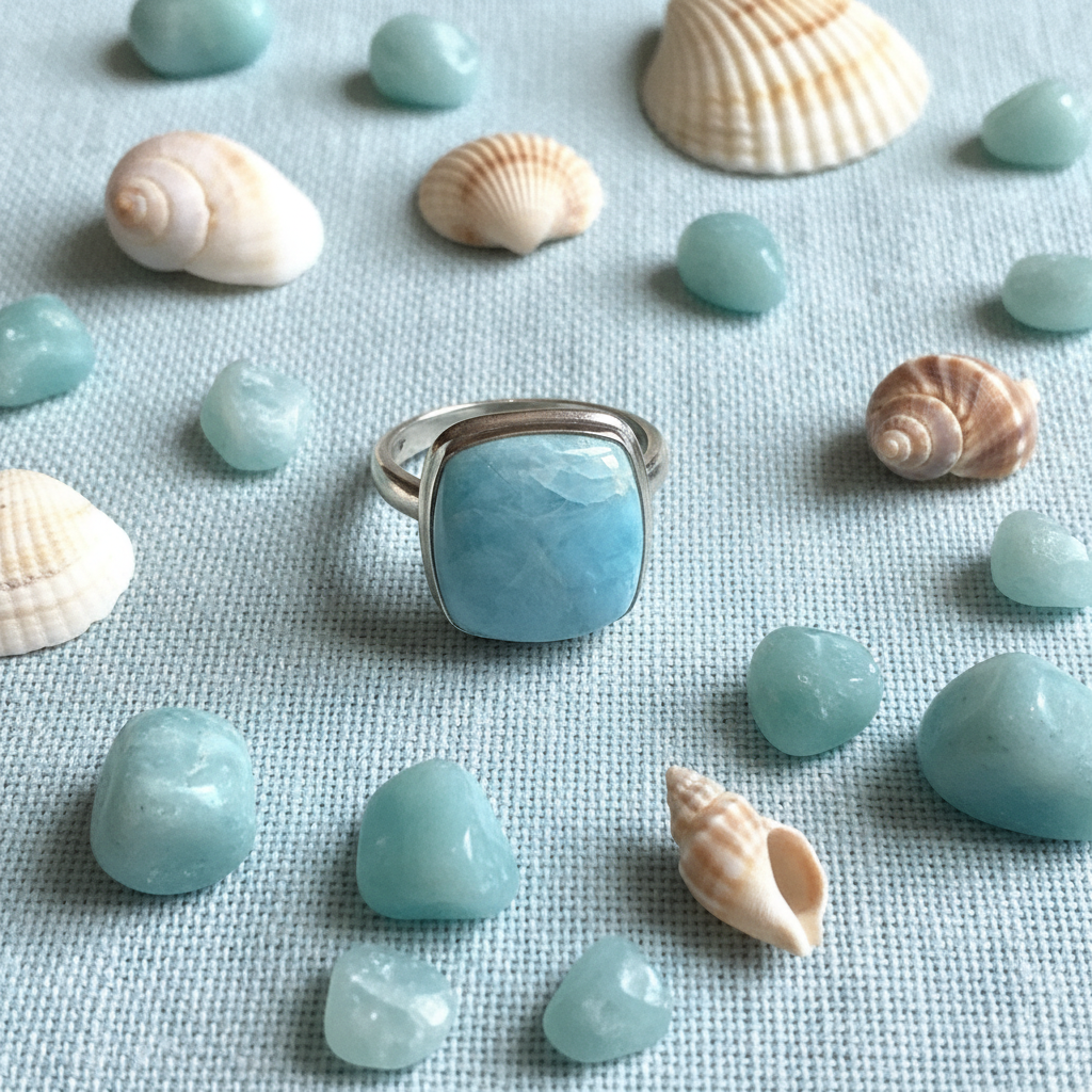 Anello Statement in Argento con Larimar Naturale Quadrato - flat lay lino azzurro