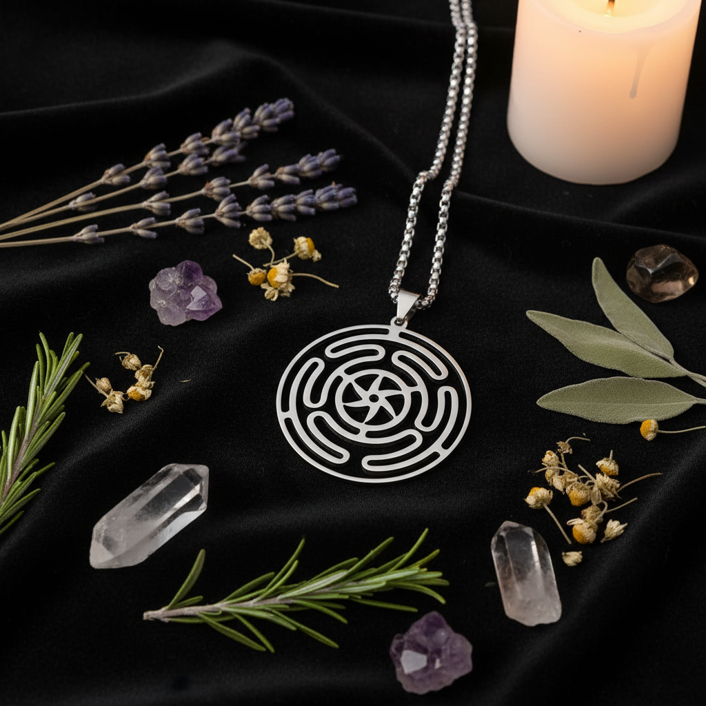 Collana Ruota di Ecate flat lay velluto nero