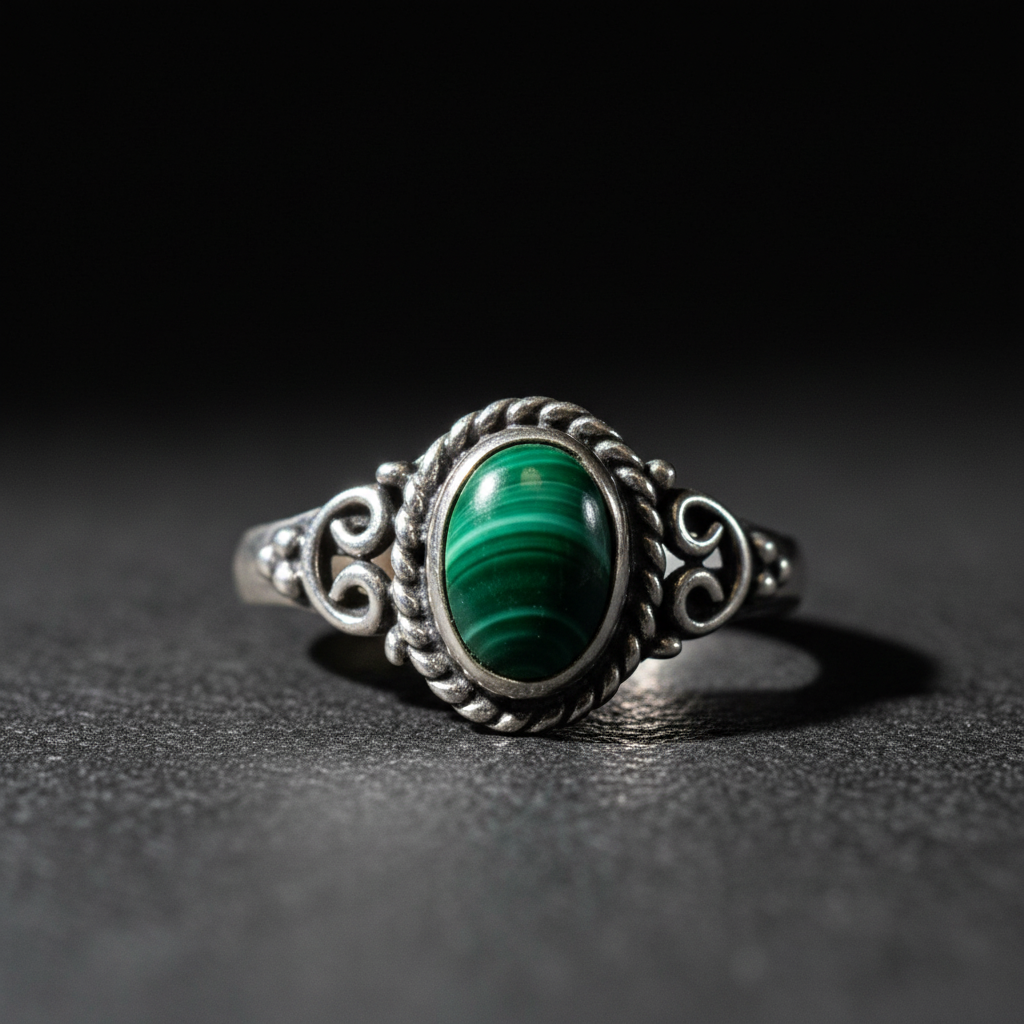 Anello Vintage in Argento con Malachite Naturale Ovale - close-up malachite ovale