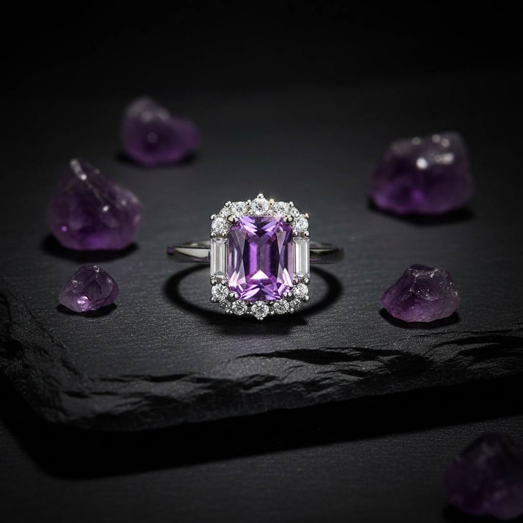 Anello ametista quadrato su ardesia scura con cristalli