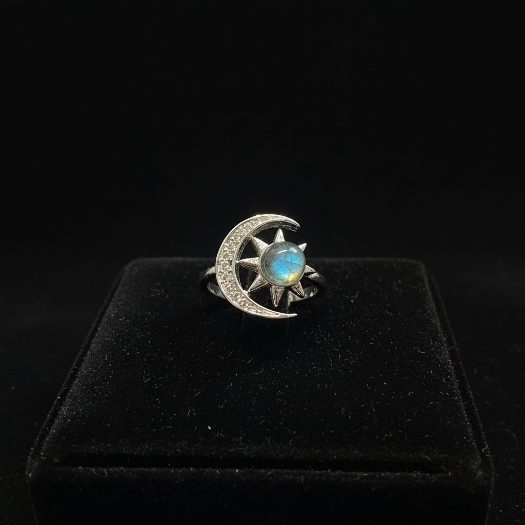 Anello sole e luna labradorite - velluto nero