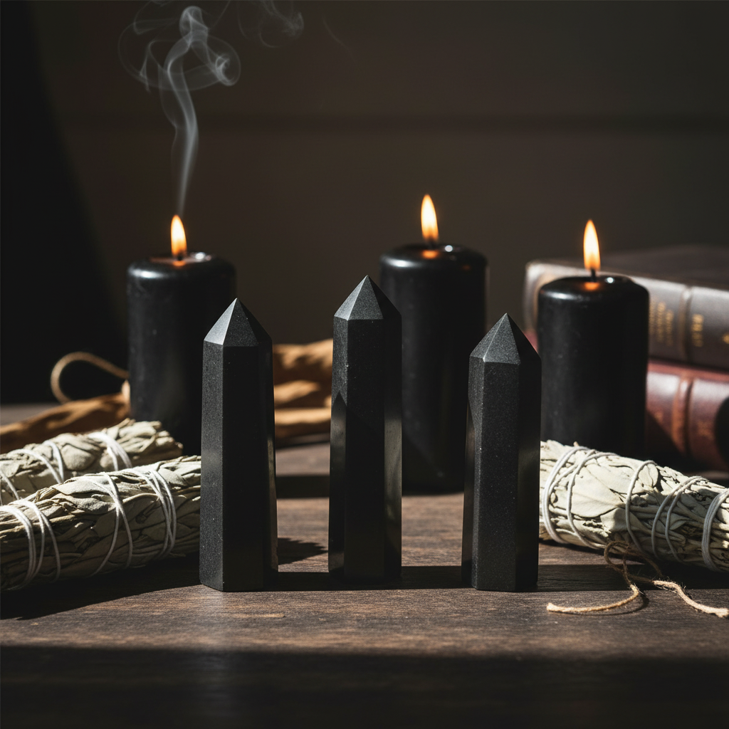 Torri di tormalina nera su legno scuro con salvia e candele nere