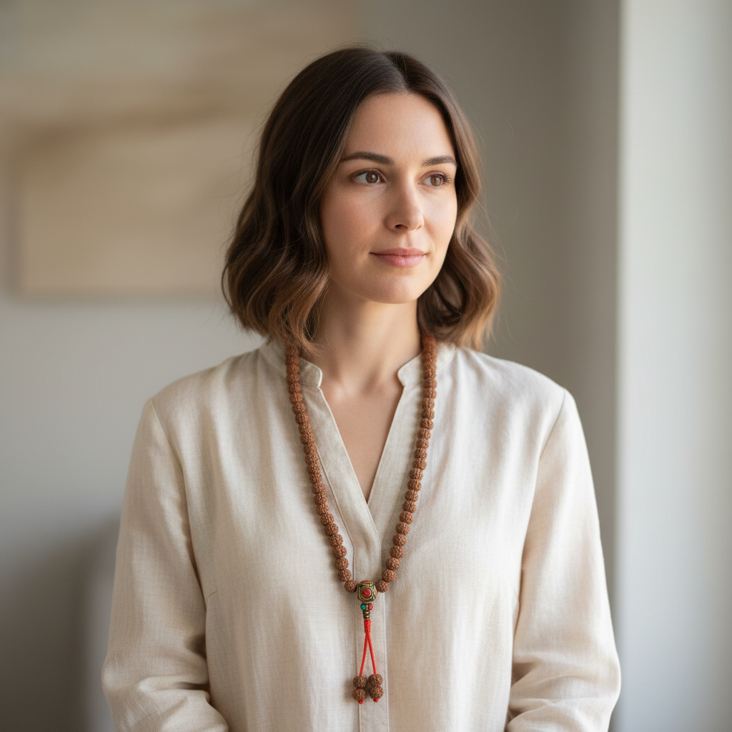Japamala rudraksha guru bead tibetana dorata - lifestyle indossato