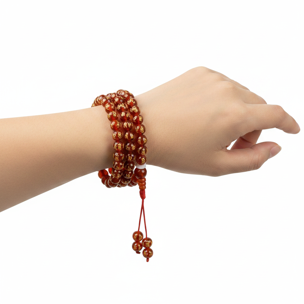 Mala tibetano agata rossa Om Mani - indossato al polso