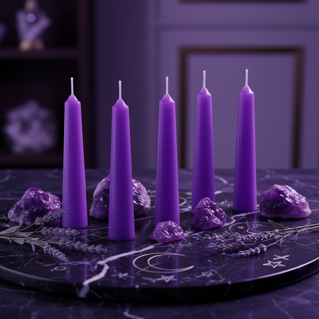 5 candele viola per rituali su marmo nero con ametista