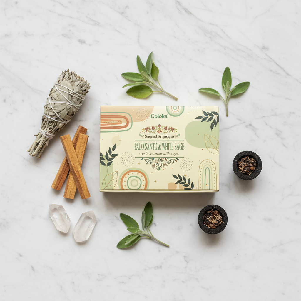 Flatlay marmo bianco con palo santo e salvia