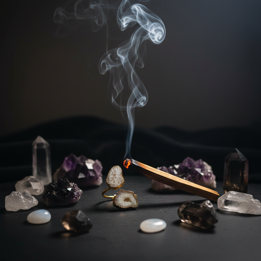Anello Drusa Agata Bianca Gold - Palo santo e cristalli