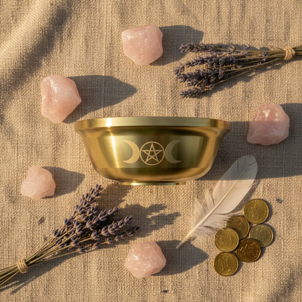 Ciotola Triplice Luna - flatlay lino con quarzo rosa e lavanda