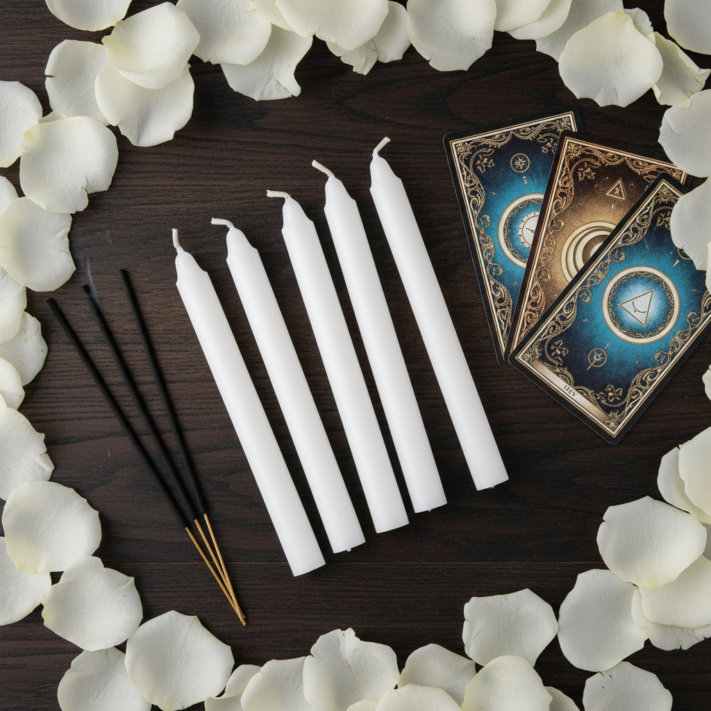 5 candele bianche per rituali flat lay con petali e tarocchi