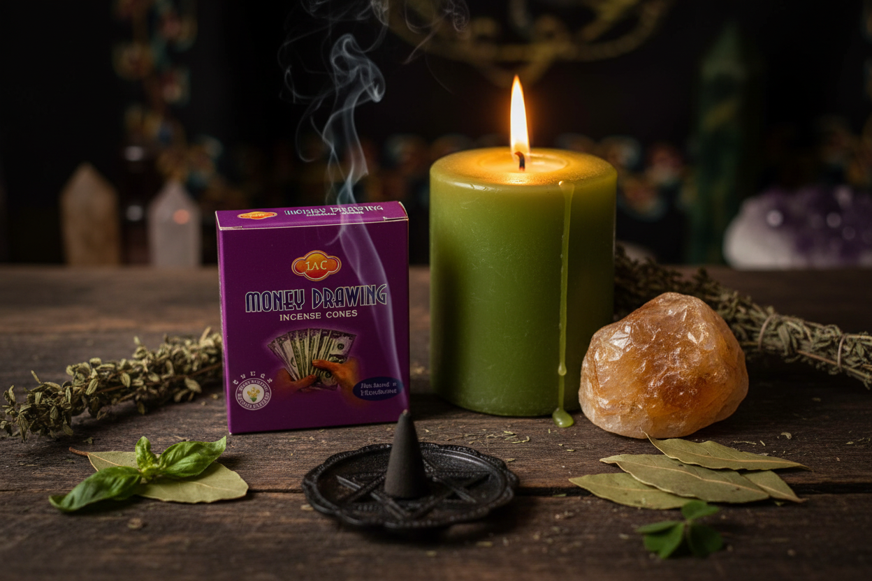 Coni Attira Denaro - altare prosperità con candela verde e citrina