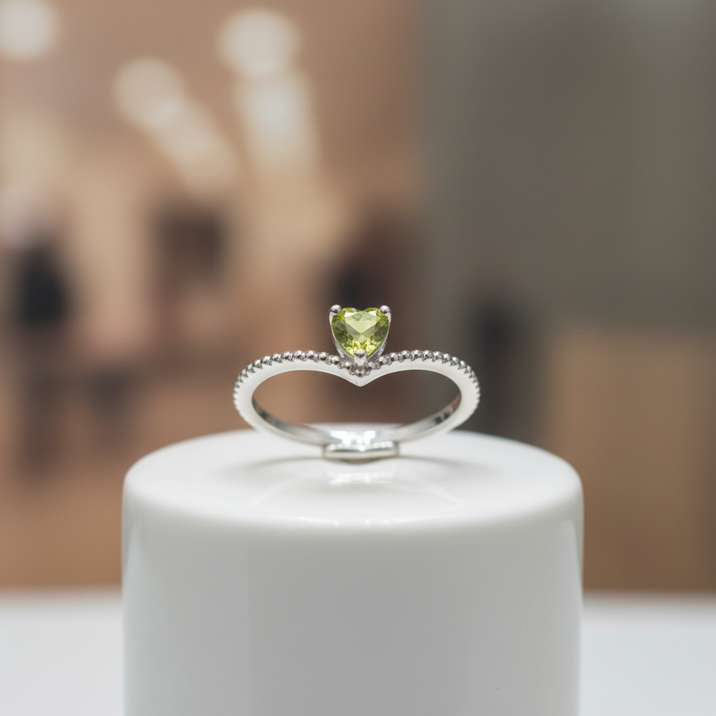 Anello coroncina peridoto su porta-anello in ceramica
