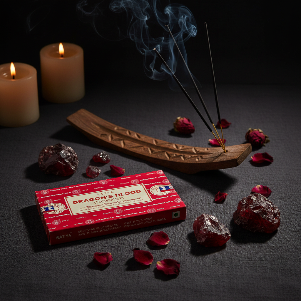 Satya Dragon's Blood - lifestyle su lino scuro con candela e rose rosse
