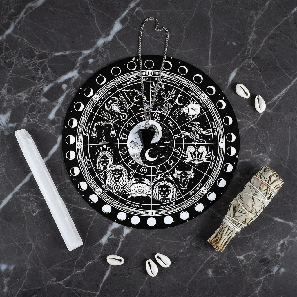Tappetino zodiacale su marmo con pendolo argentato selenite e conchiglie