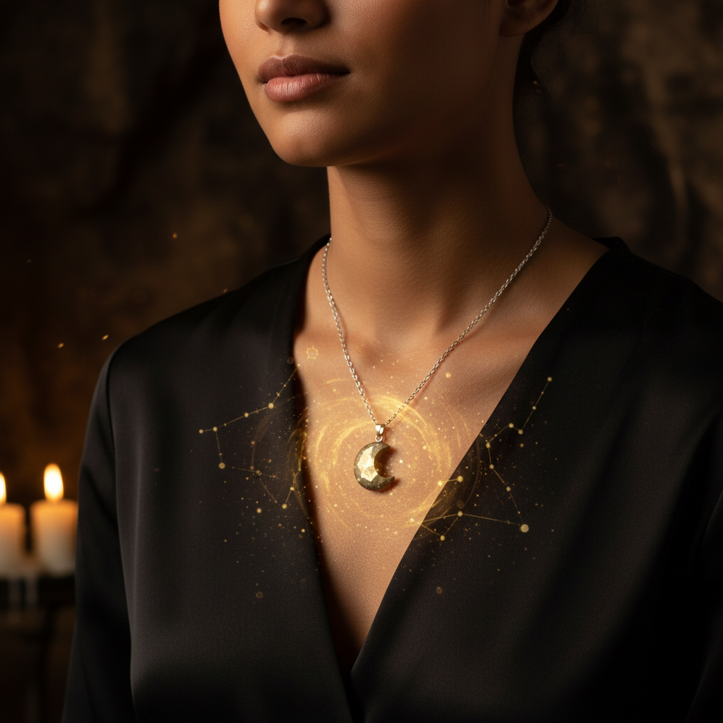 Collana Luna Pirite indossata - mood lunare dorato