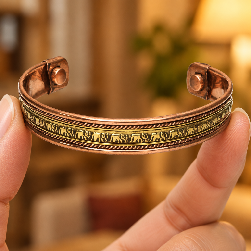 Bracciale in rame con elefante tenuto tra le dita