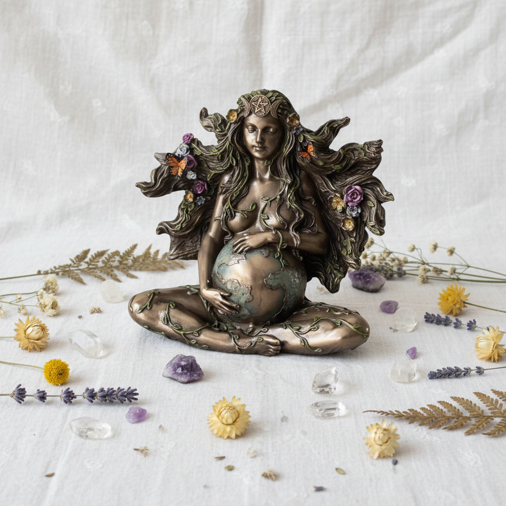 Statua Gaia su lino con fiori e cristalli