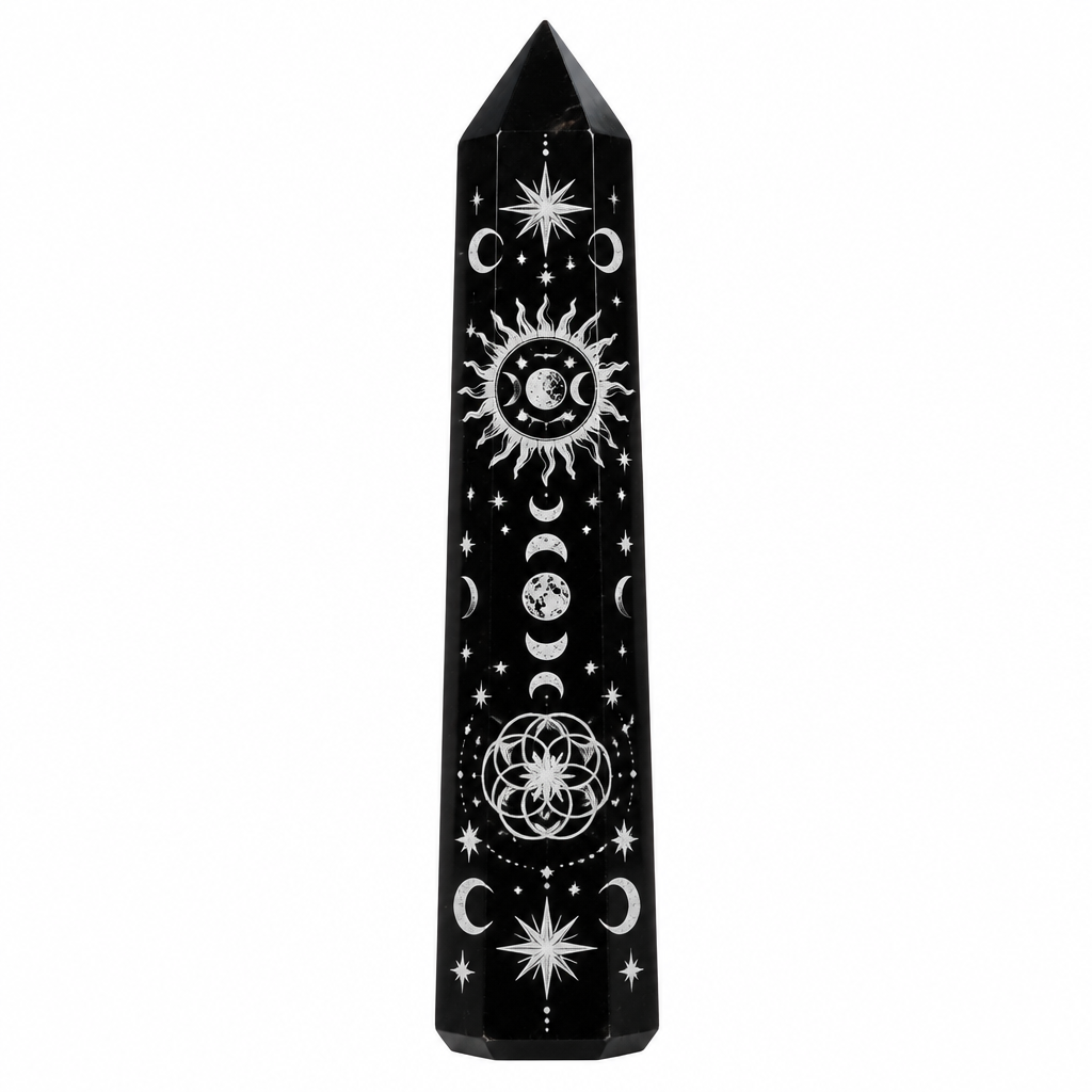 Obelisco in ossidiana serigrafato bianco, altezza circa 10 cm