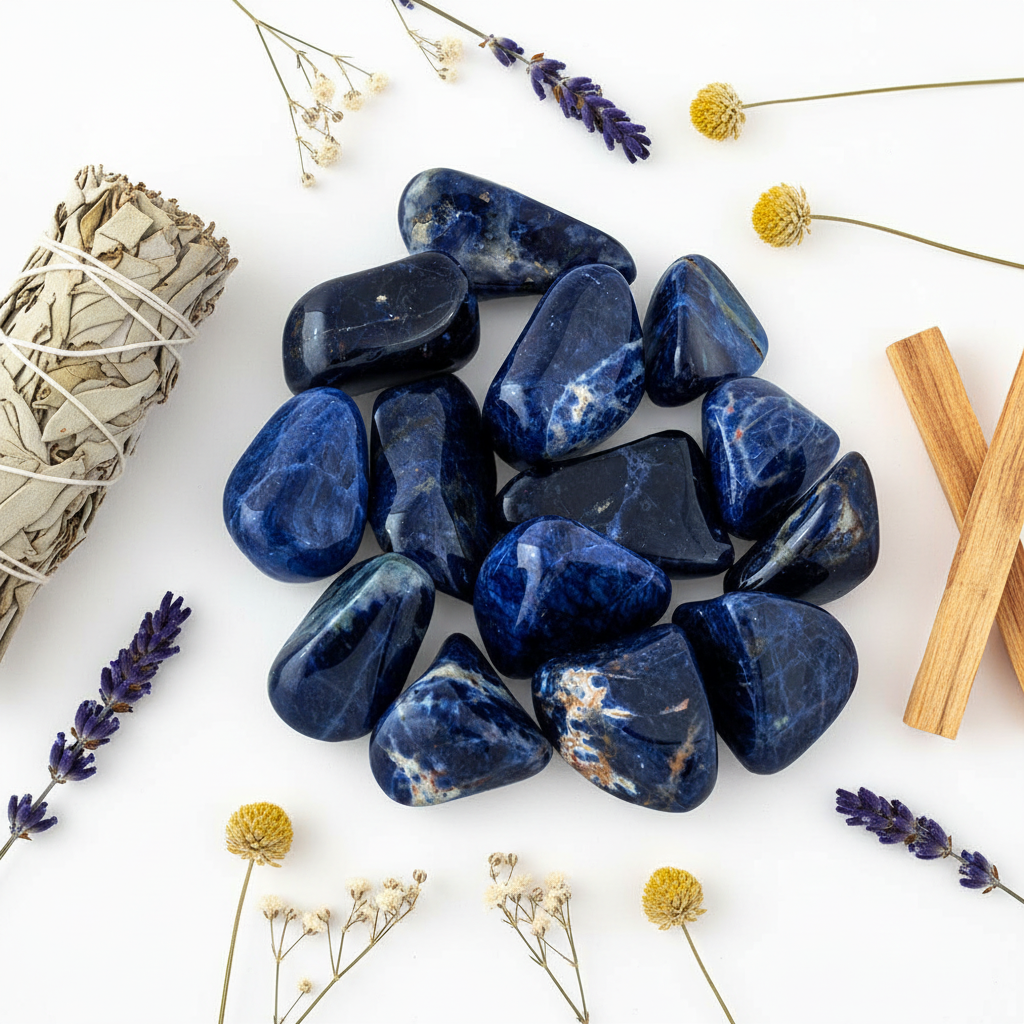 Sodalite burattata - composizione con fiori secchi e salvia