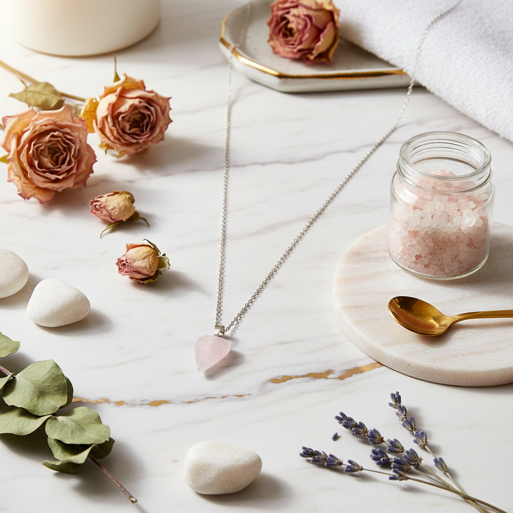 Collana Pendolo Quarzo Rosa - sfondo marmo luxury