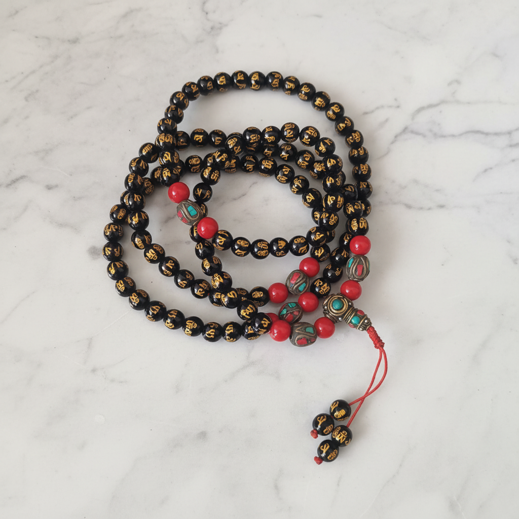 Japamala agata nera con mantra Om tibetano - flatlay su marmo