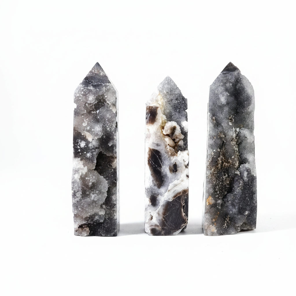Obelischi di Sphalerite in piedi su sfondo bianco