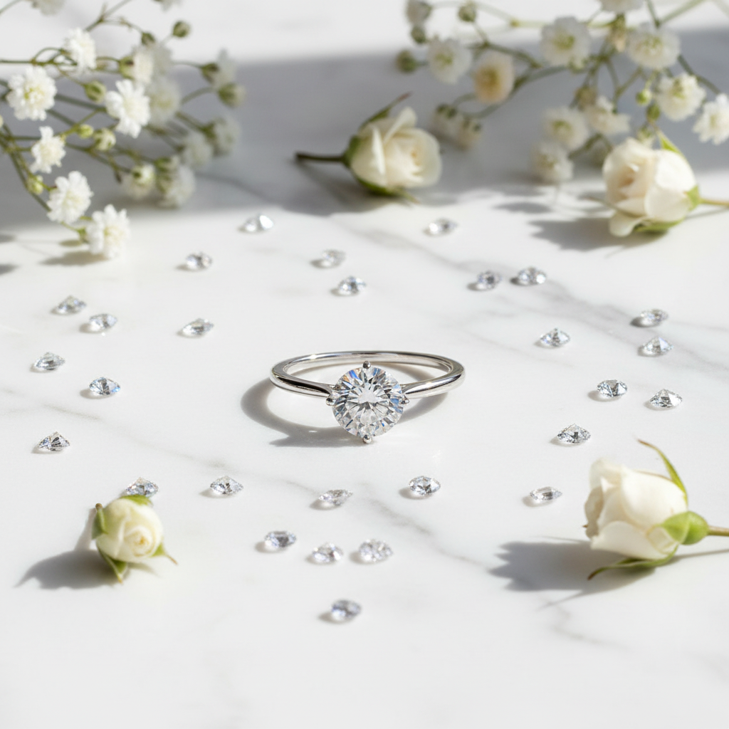 Anello Solitario in Argento con Moissanite - flat lay marmo