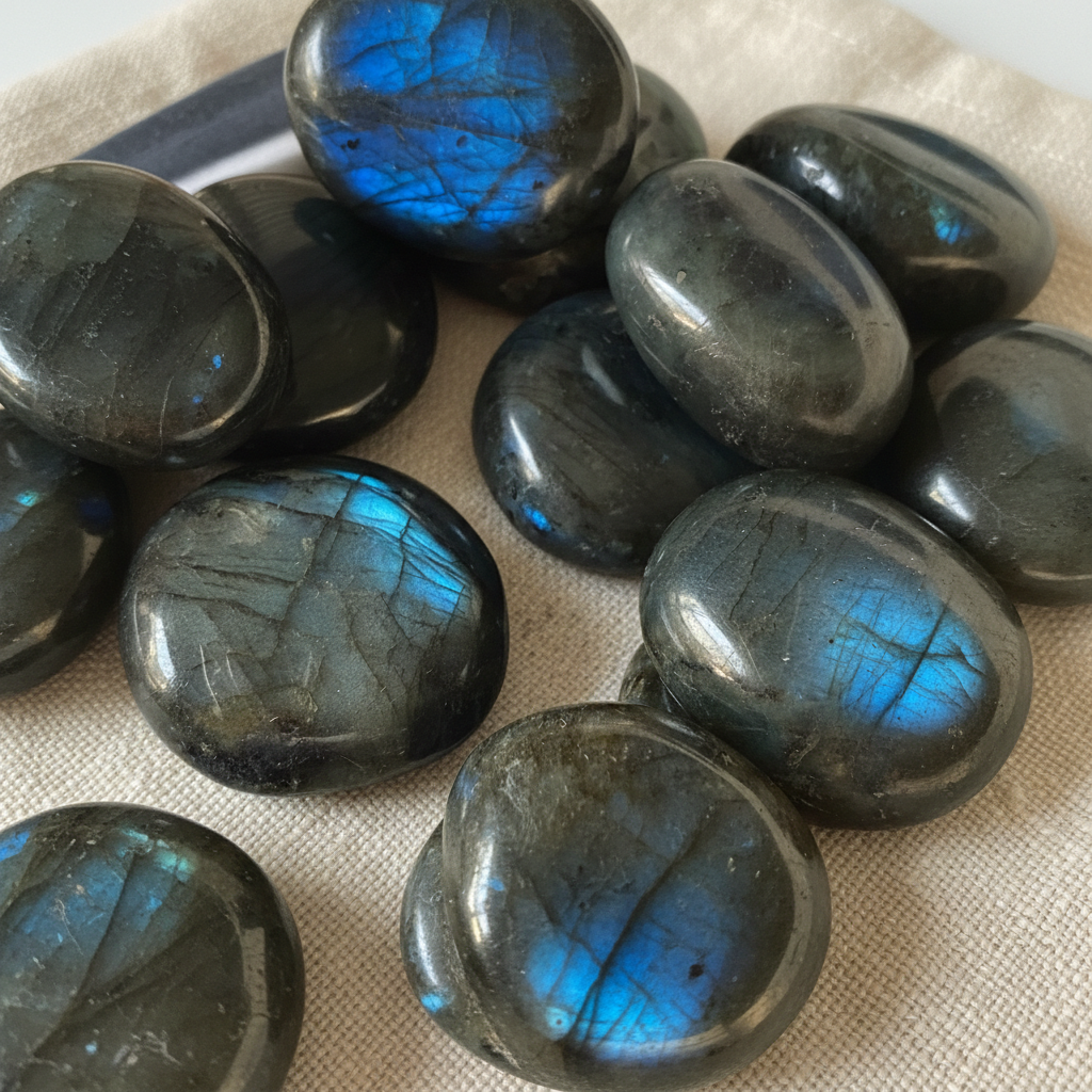 Palmstone labradorite scura - lifestyle su lino
