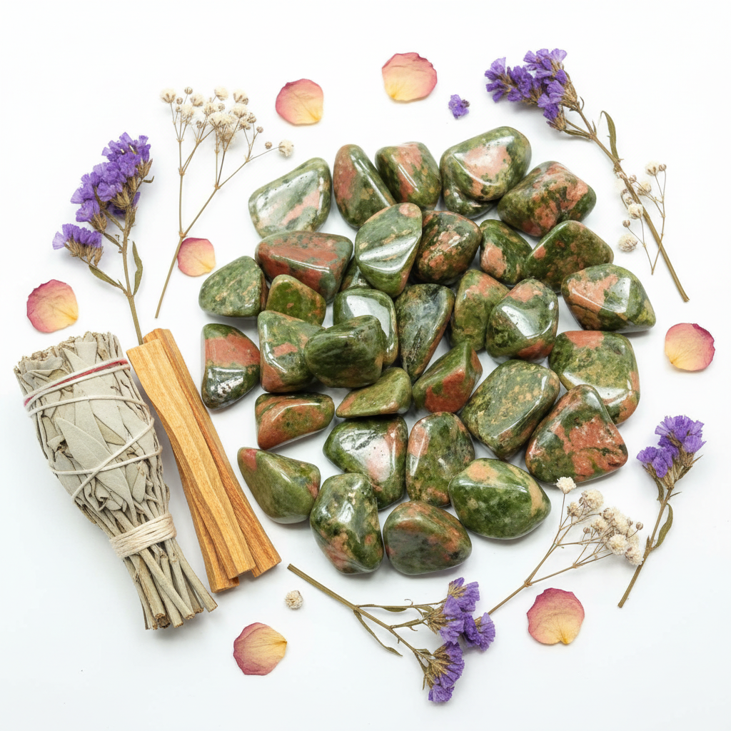 Unakite burattata - composizione con fiori secchi e salvia