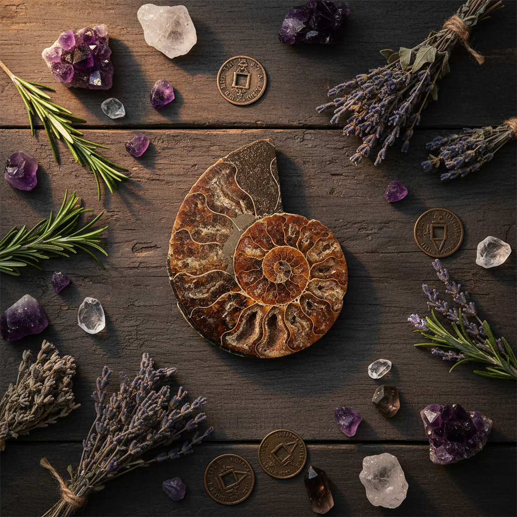 Ammonite Fossile Naturale altare antico con cristalli