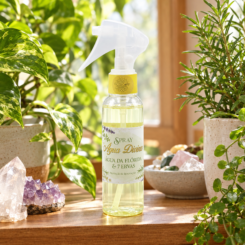 Spray Acqua Florida su mensola con piante e cristalli