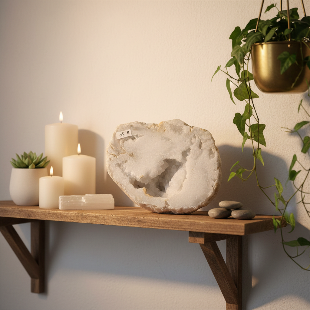 Geode di Quarzo Ialino lifestyle mensola con candele e piante
