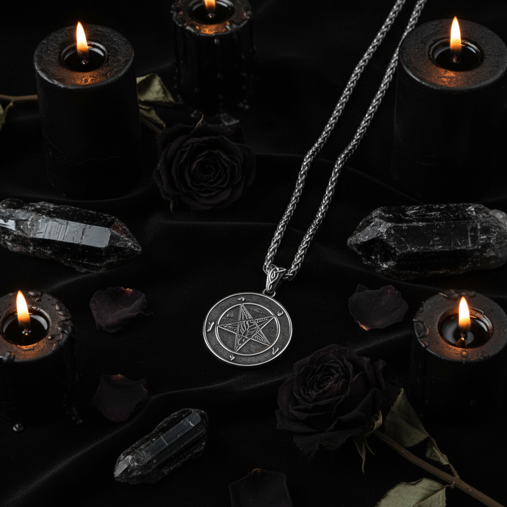 Collana Pentacolo Lucifero flat lay velluto nero