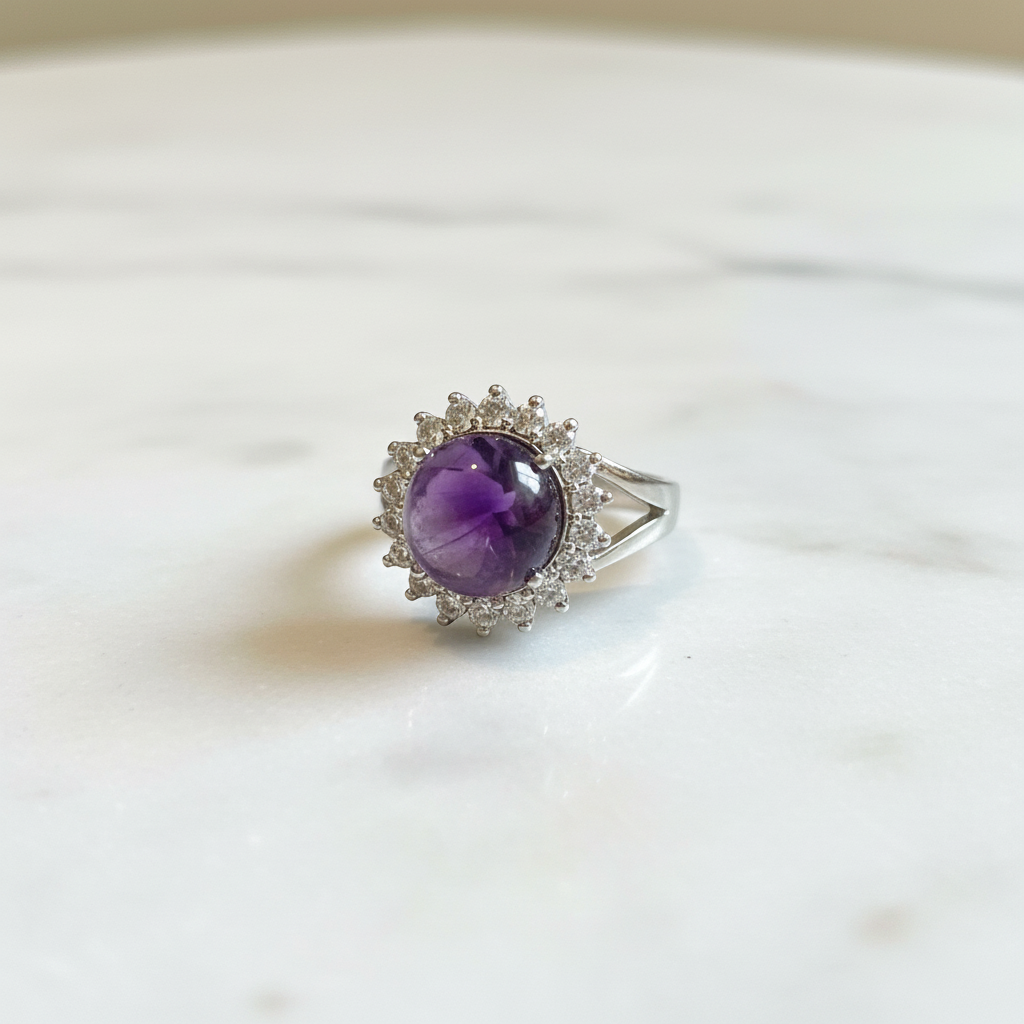 Anello ametista e zirconi su marmo bianco