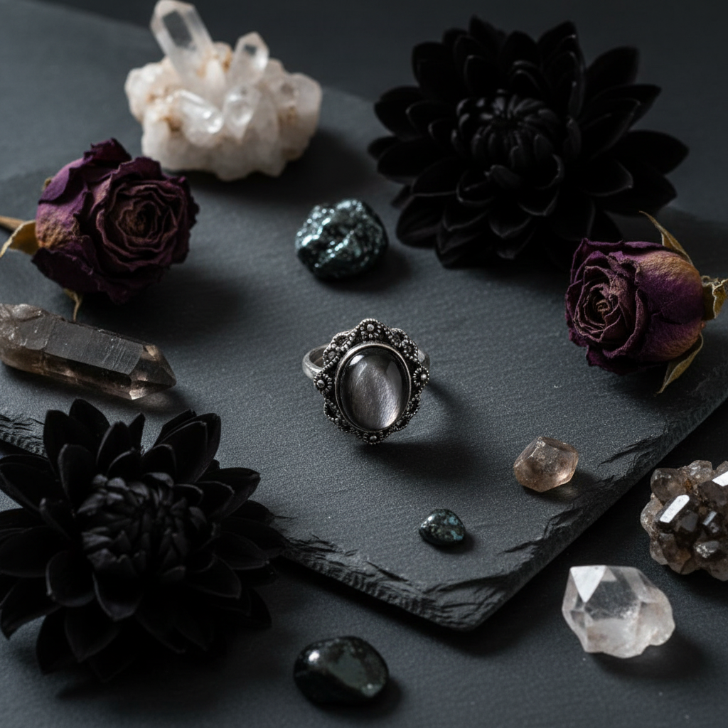 Anello ossidiana silver - flat lay esoterico