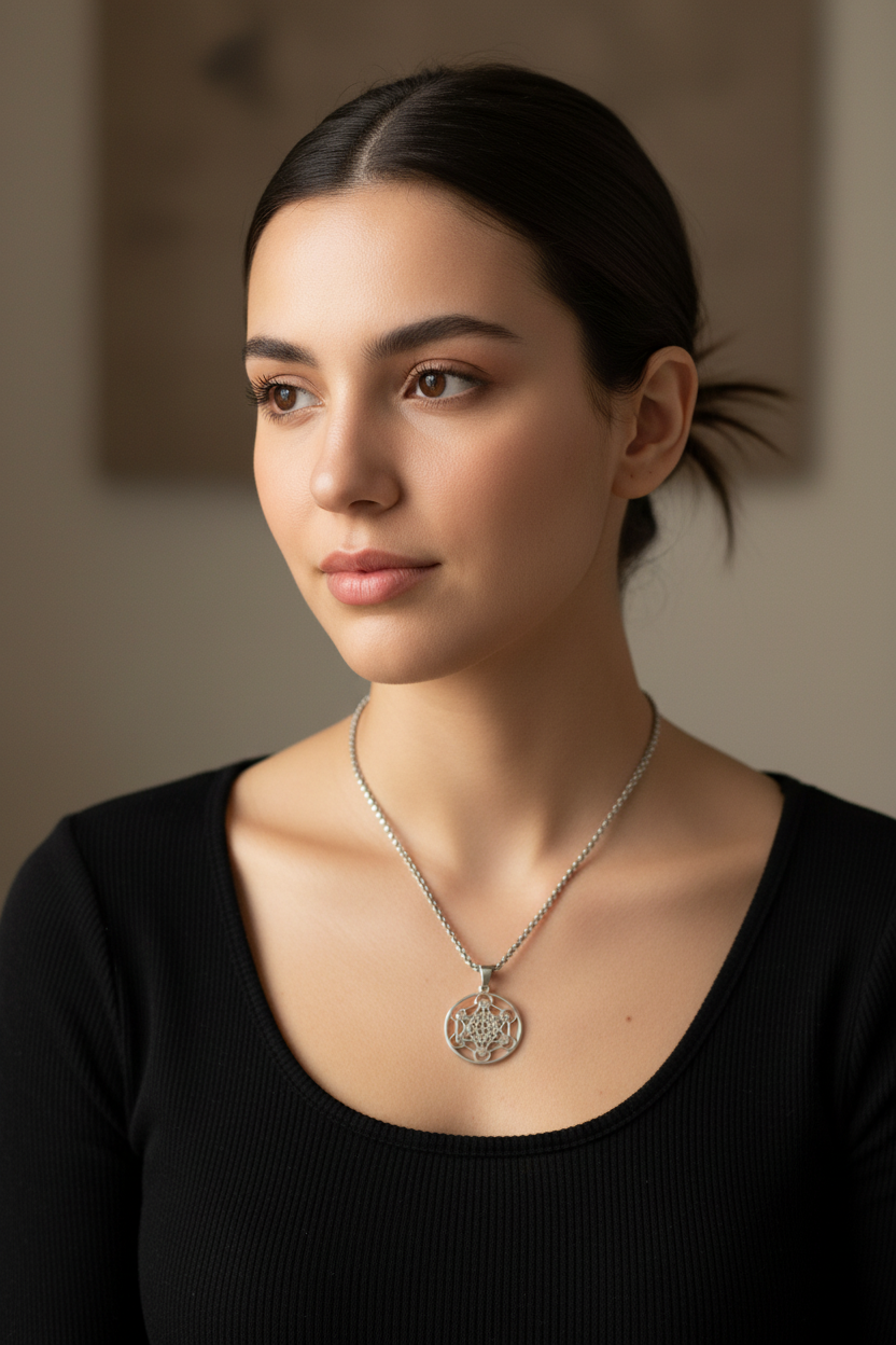 Collana Metatron indossata donna luce naturale