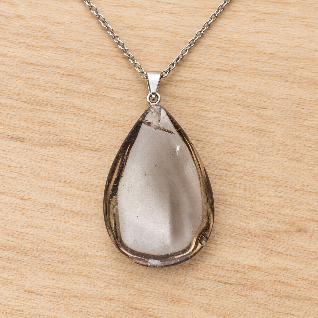 Ciondolo in quarzo fumé con collana su legno
