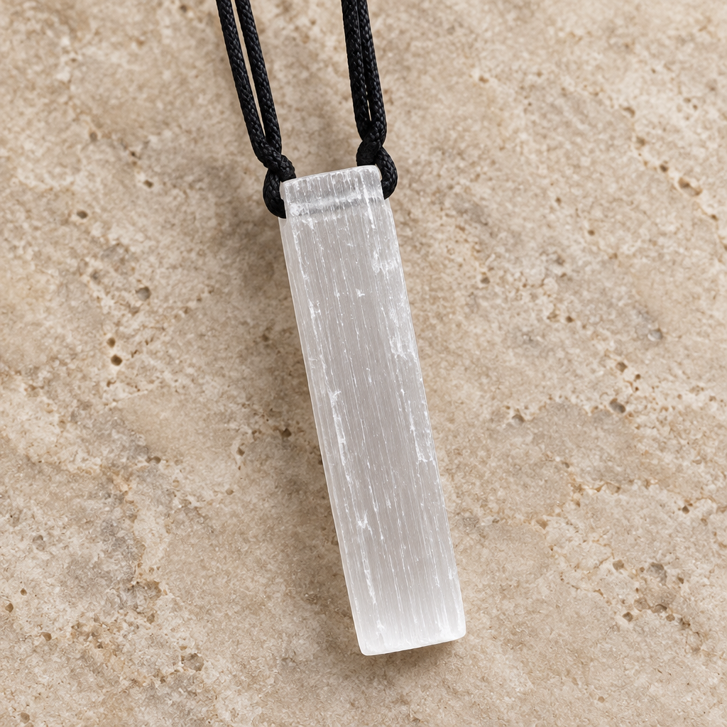 Collana con barra in selenite su pietra beige