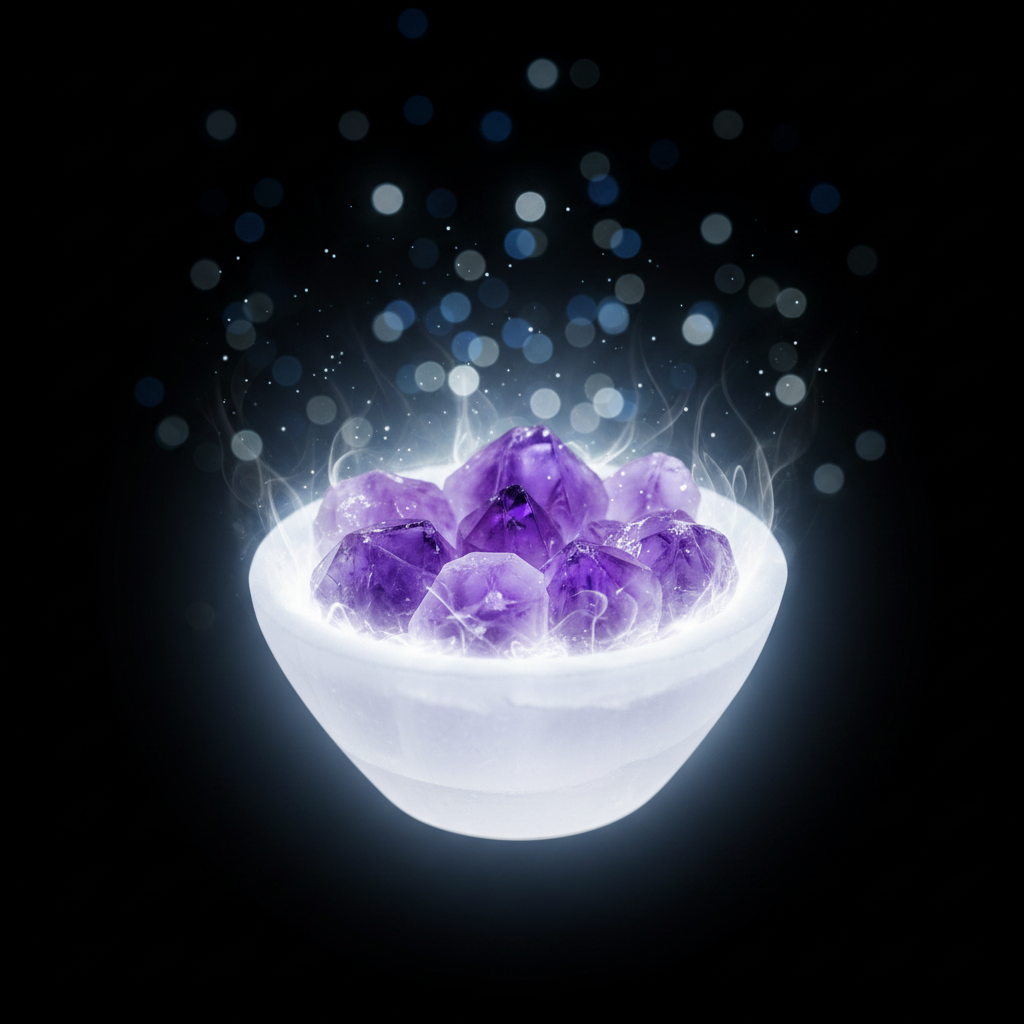 Ciotola di selenite con luce lunare e bagliore mistico