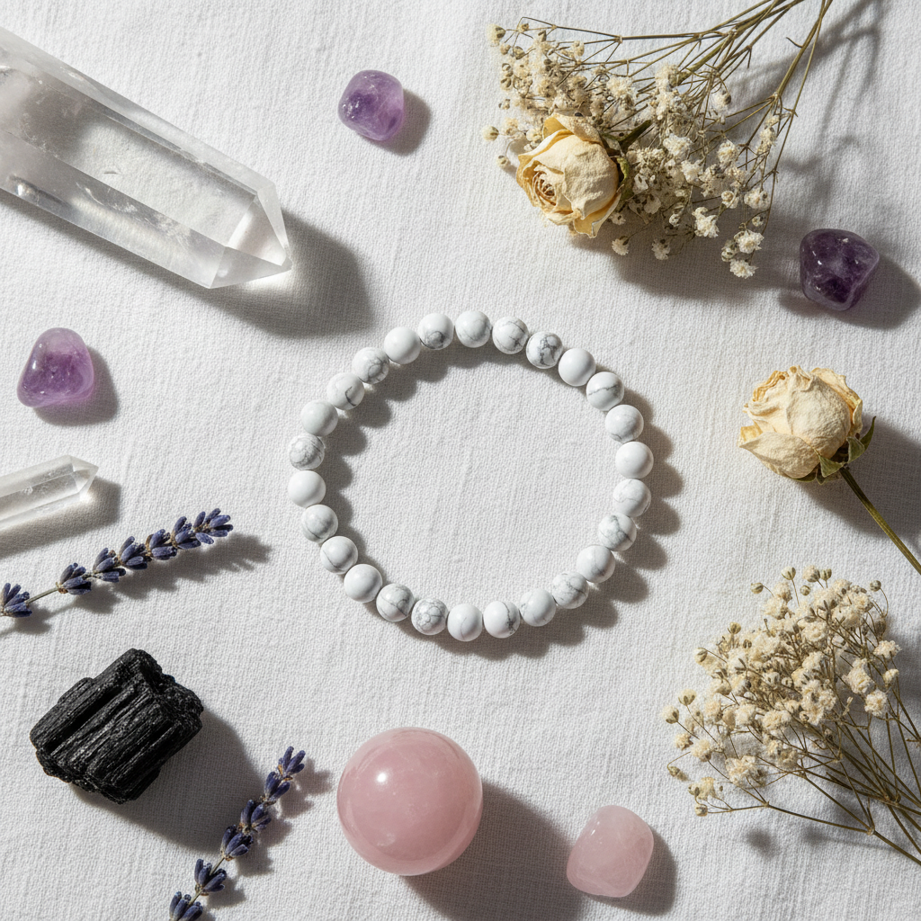 Bracciale Howlite Bianca - Flat lay editoriale