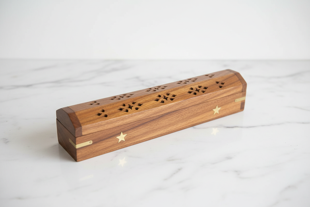Porta incenso cofanetto legno - flatlay marmo bianco