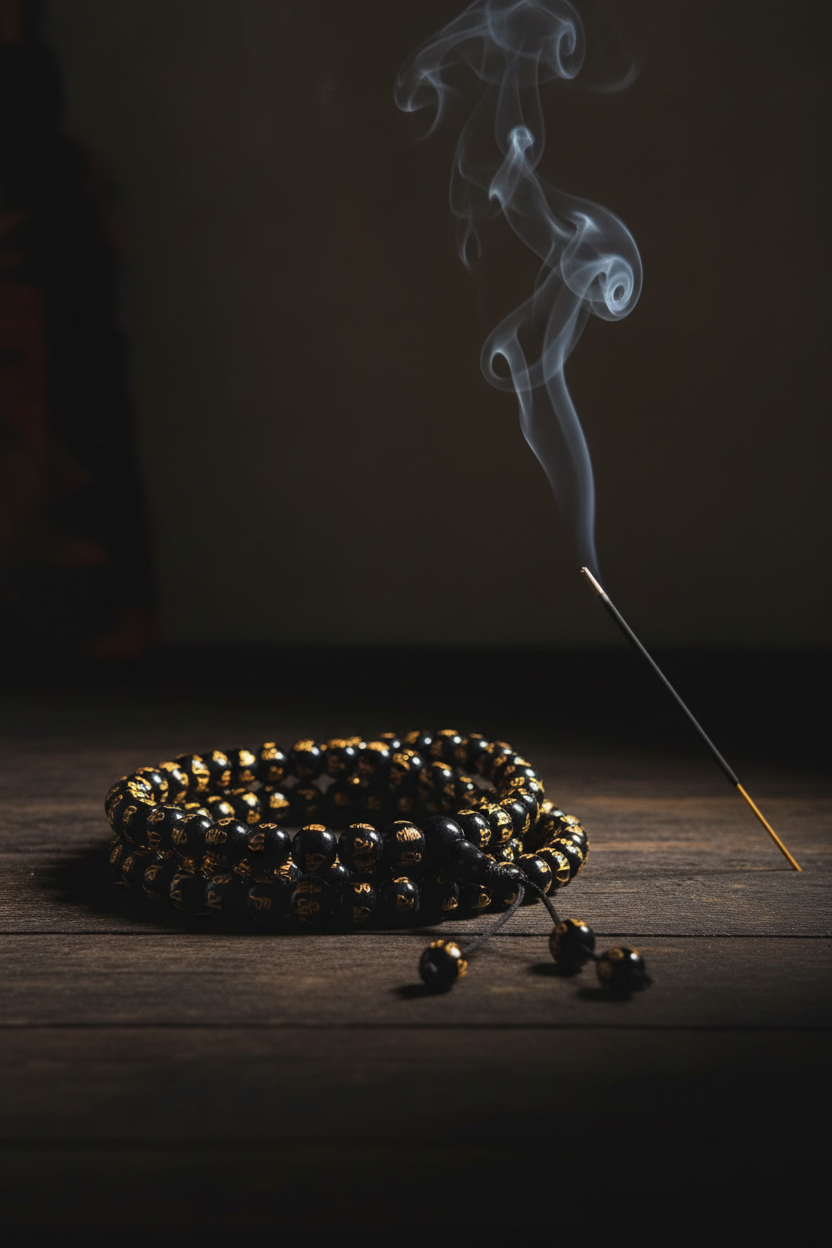 Japamala agata nera mantra Om filo nero - con incenso e fumo