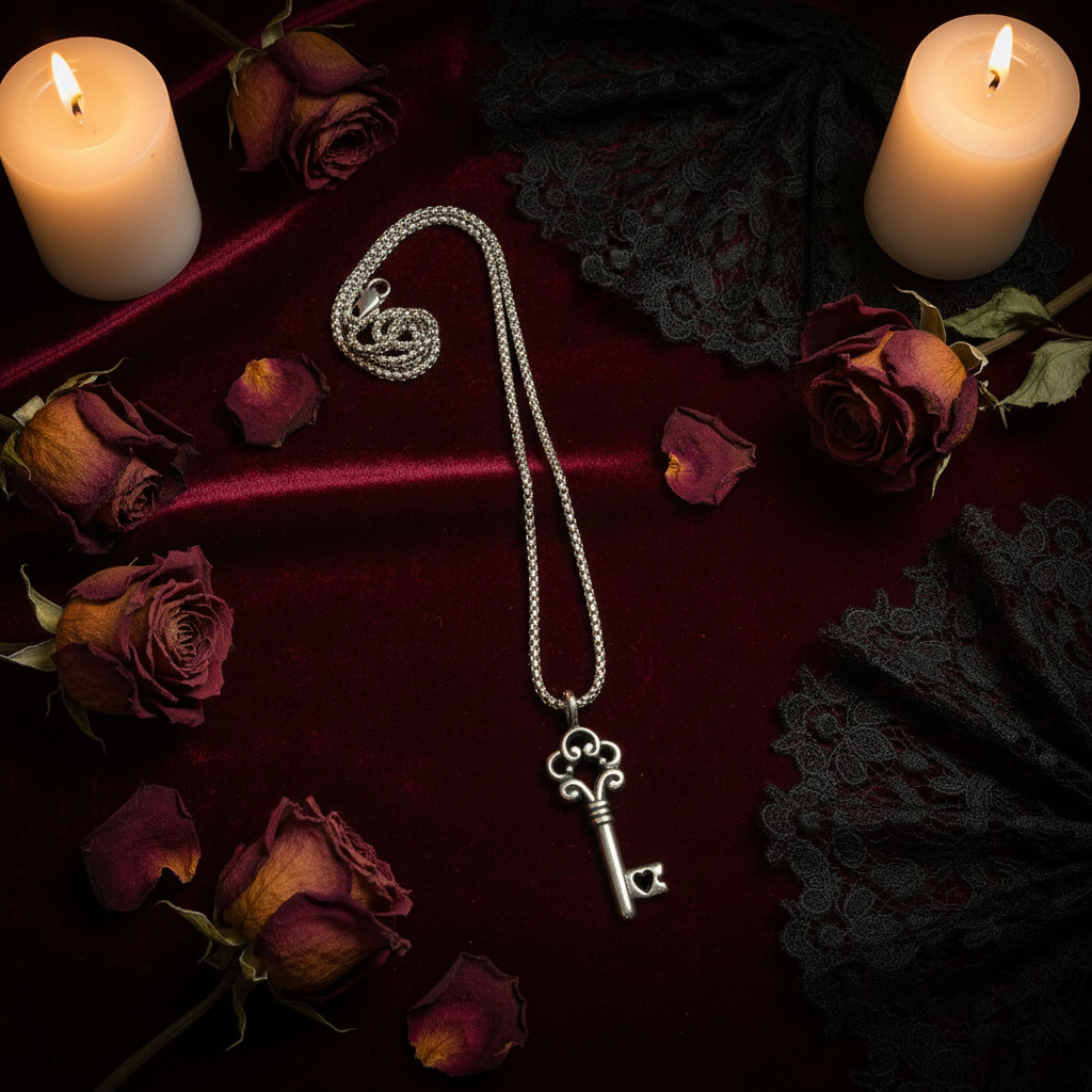 Collana Chiave Gotica con Cuore - velluto bordeaux con rose e pizzo