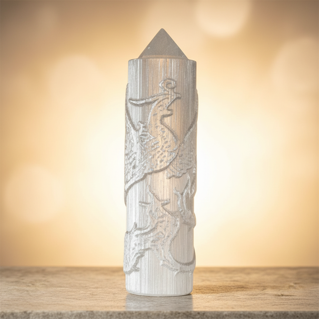 Obelisco Selenite Fenice close-up incisione e striature
