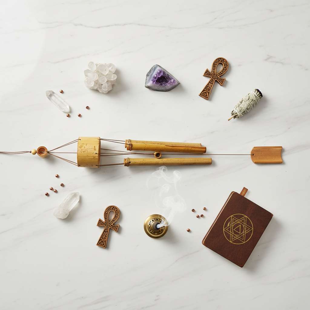 Campanella a vento Bamboo Spirit 55cm - flat lay con cristalli