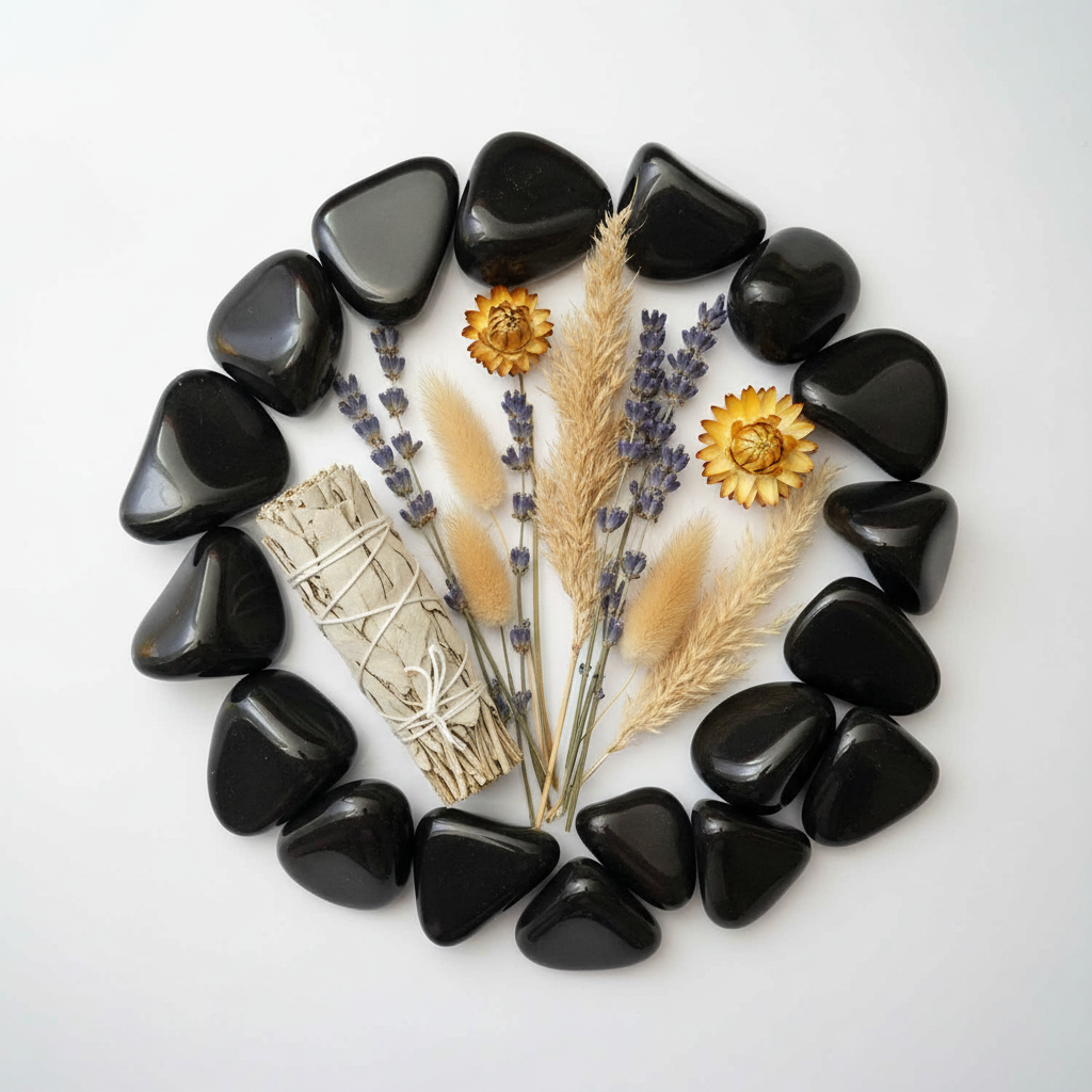 Onice nero con fiori secchi e salvia
