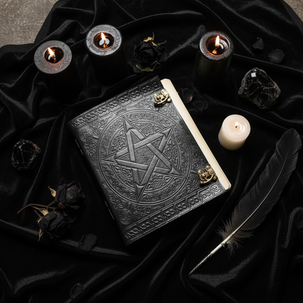 Grimorio Pentacolo - flatlay velluto nero con ossidiana e rose nere